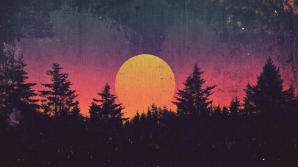 Poster - Retro risograph inspired sunset over a forest under a colorful sky in twilight. Generative AI
