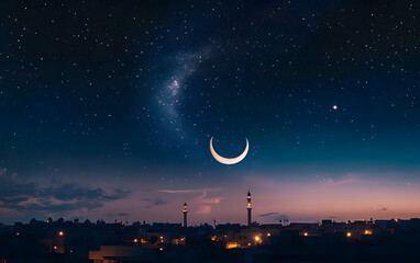 Wall Mural - a beautiful night sky with stars and a crescent moon, symbolizing the beginning of ramadan in islami