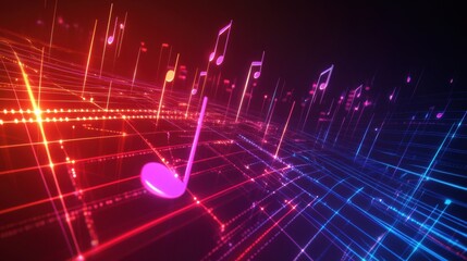 Aufkleber - Colorful 3D representation of music notes and sound waves in a vibrant digital landscape. Generative AI