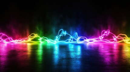 Aufkleber - Glowing neon lines create vibrant abstract patterns against a dark background reflecting energy and motion at night. Generative AI