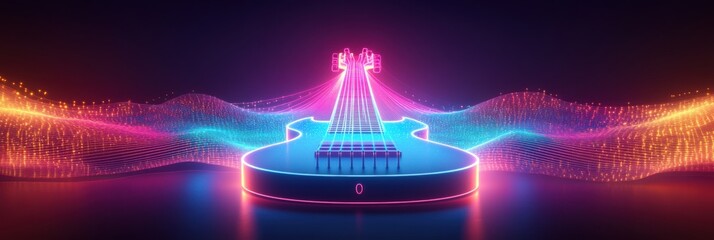Poster - Vibrant 3D guitar design with glowing neon lights and sound waves. Generative AI