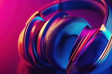 Poster - Close up view of modern headphones showcasing vibrant colors and detailed design elements in a creative lighting setup. Generative AI
