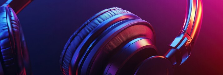 Poster - Close up view of modern headphones showcasing detailed design and vibrant color contrasts against a dark background. Generative AI
