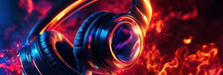 Poster - Vibrant close up of 3D headphones with glowing accents in a colorful abstract environment. Generative AI