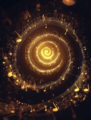 Fototapete - 3D spiral design of glowing music notes and melodies creating a captivating visual experience. Generative AI