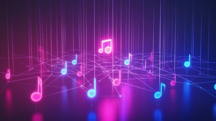 Aufkleber - Colorful 3D musical notes floating in a digital network with a vibrant background. Generative AI