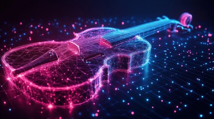 Poster - Vibrant 3D digital representation of a violin illuminated with colorful lights in a cosmic setting. Generative AI