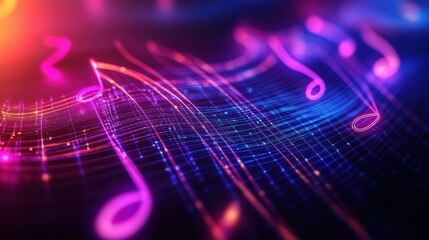 Fototapete - Colorful 3D music notes flowing through a vibrant digital landscape with glowing colors and rhythmic pattern. Generative AI