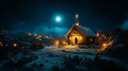 christmas house in the snow, house in the night, christmas tree in the night
