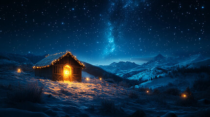 christmas house in the snow, house in the night, christmas tree in the night