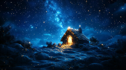 christmas house in the snow, house in the night, christmas tree in the night