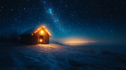 christmas house in the snow, house in the night, christmas tree in the night