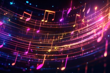 Aufkleber - Colorful glowing musical staff lines flowing dynamically in a vibrant neon display. Generative AI