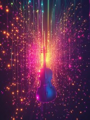 Poster - Vibrant 3D representation of a violin surrounded by colorful light streaks and glowing particles in a dark atmosphere. Generative AI