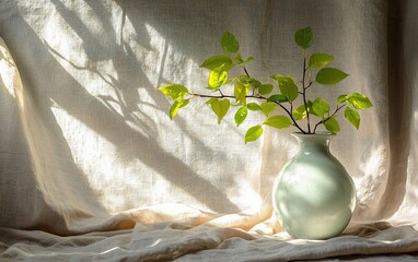 Poster - Sunlight illuminates a vase with spring branch.