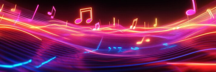 Aufkleber - Illuminated flowing musical staff with vibrant neon tones creating a dynamic visual symphony in a dark space. Generative AI