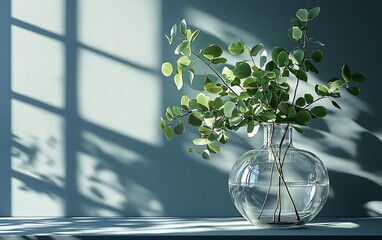 Poster - Eucalyptus branches in a glass vase on a shelf, sunlight casting shadows on a wall.