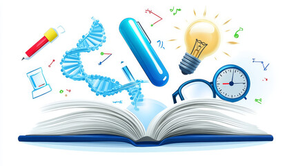 School science vector icon with magnet and dna object set. Biology supplies symbol cartoon. Physics experiment and research with isolated clock, textbook, bulb and glasses. Idea concept png clipart