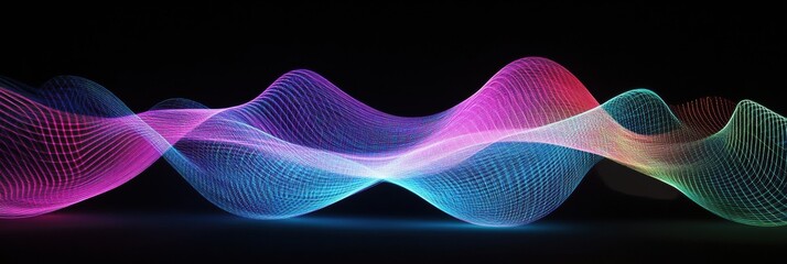 Poster - Glowing neon lines create an abstract wave pattern in vibrant colors against a dark background. Generative AI