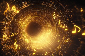 Aufkleber - Golden swirling 3D music notes create a mesmerizing visual rhythm in dark space. Generative AI