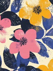 Poster - Retro risograph inspired floral design featuring bold colors and textured elements in a playful arrangement. Generative AI