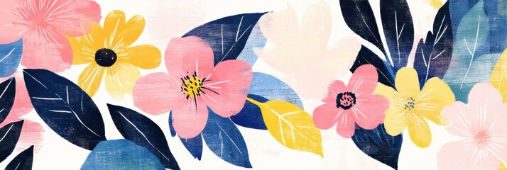 Poster - Retro risograph inspired floral pattern with vibrant colors and bold shapes. Generative AI