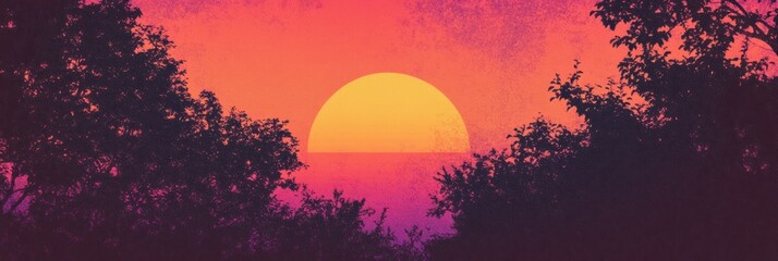 Poster - Retro risograph inspired sunset view over the horizon with vibrant colors and silhouettes of trees. Generative AI