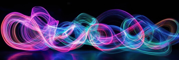 Fototapete - Glowing neon lines create vibrant abstract patterns in a dark space during a light show or artistic display. Generative AI