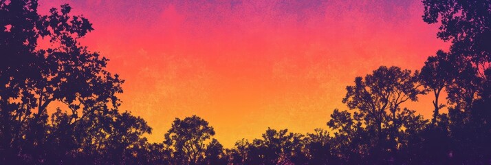 Aufkleber - Retro inspired risograph illustration depicting a vibrant sunset over trees in serene outdoor setting. Generative AI