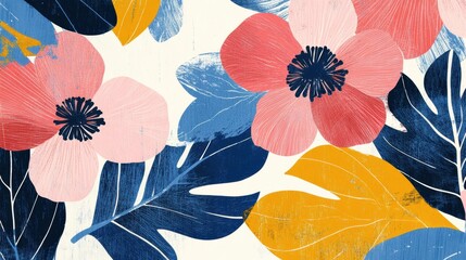 Aufkleber - Colorful retro risograph inspired floral pattern featuring vibrant flowers and leaves in a playful layout. Generative AI