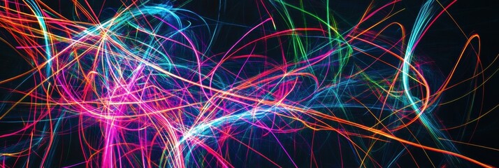 Poster - Glowing neon lines create a vibrant abstract display in a dark background filled with energy and movement. Generative AI