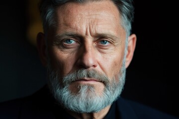 Close-up portrait of mature man with stylish gray beard, mustache. Gaze direct, serious. Dark background emphasizes facial features. Appears thoughtful, confident. Suitable for various uses in print