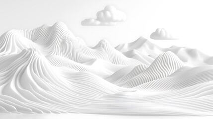 Abstract white minimalist mountain landscape with clouds.