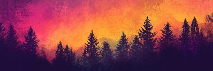 Aufkleber - Colorful sunset over a forest landscape with retro risograph inspired style. Generative AI