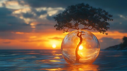 Wall Mural - Tranquil sunset scene with a tree inside a glass sphere floating on calm water.