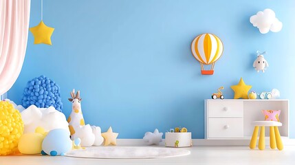 cute pastel blue kids room interior design with toys, furniture, and decorations.
