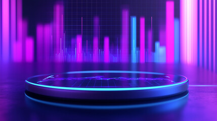 Poster - A circular, neonlit platform glows against a backdrop of vibrant, dynamic data visualizations. Cyberpunk aesthetic, futuristic technology concept.
