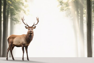 Wall Mural - Majestic Red Deer Stands in Misty Forest