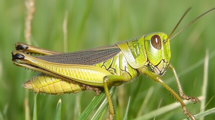 Close-up of grasshopper on green grass background