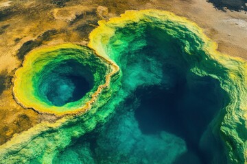 Aerial view of the beautiful Icelandic desert with turquoise and green water, abstract photography, high-resolution photo. The style is a double exposure combined with natural light.