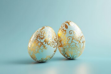 Two beautifully crafted blue eggs with gold intricate designs stand together elegantly on a light blue surface, radiating charm.