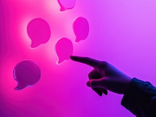 Poster - Hand Interacting With Purple Neon Speech Bubbles