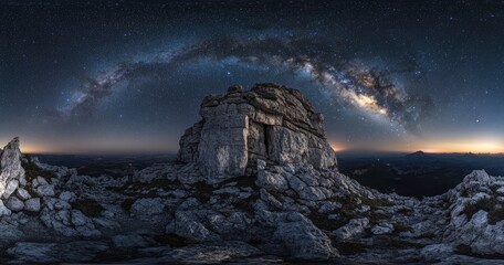 Wall Mural - beautiful night sky with stars and the milky way over a rocky mountain, the silhouette of a person s