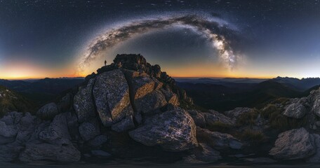 Wall Mural - beautiful night sky with stars and the milky way over a rocky mountain, the silhouette of a person s