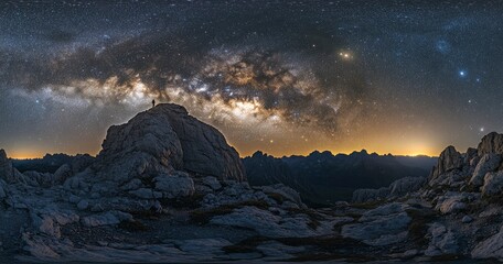 Wall Mural - beautiful night sky with stars and the milky way over a rocky mountain, the silhouette of a person s