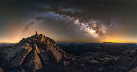 Wall Mural - beautiful night sky with stars and the milky way over a rocky mountain, the silhouette of a person s