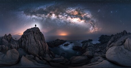 Wall Mural - Beautiful night sky with stars and the Milky Way over a rocky mountain, the silhouette of a person standing on top of the rock on the center-left side, a panoramic view, wide-angle, panorama.