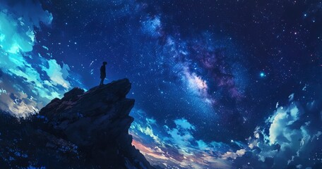 Wall Mural - beautiful night sky with stars and the milky way over a rocky mountain, the silhouette of a person s