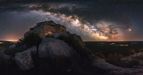 Wall Mural - beautiful night sky with stars and the milky way over a rocky mountain, the silhouette of a person s