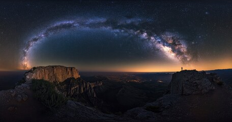 Wall Mural - beautiful night sky with stars and the milky way over a rocky mountain, the silhouette of a person s